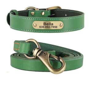 Prémium gravírozott bőr kutyanyakörv és póráz szett zöld